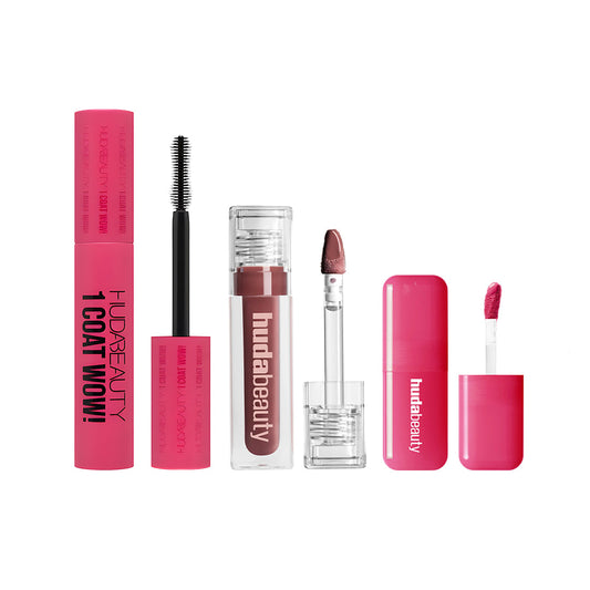 Huda Beauty Mascara, Blush & Lipgloss Trio – 50% OFF